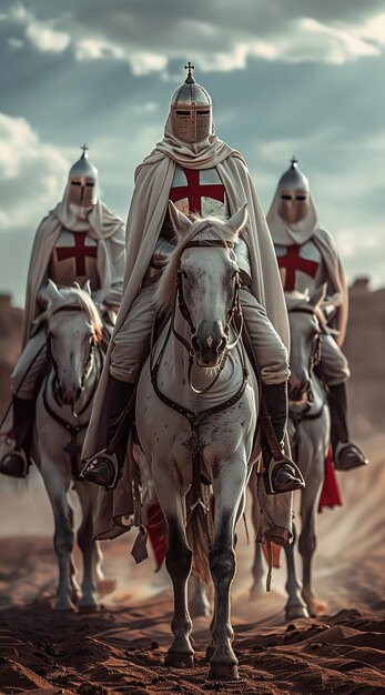 Photo group of men riding on the backs of white horses