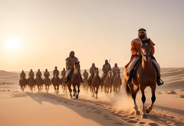 a group of men riding horses in the desert