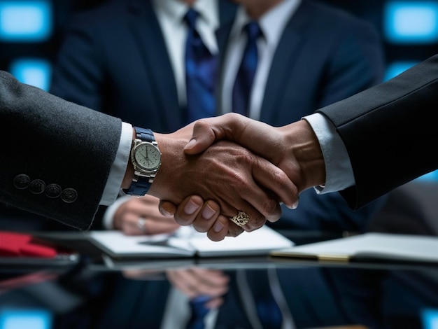 a group of men shaking hands with one wearing a ring that says 4