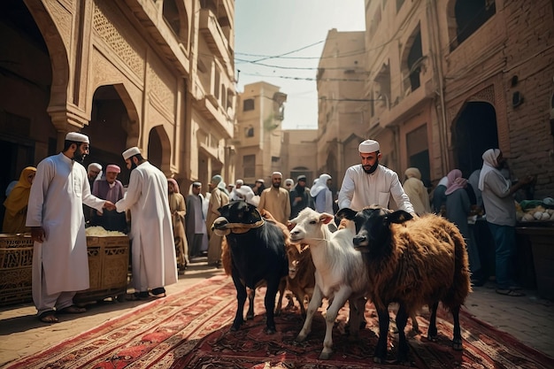 a group of men and sheep are standing in a street