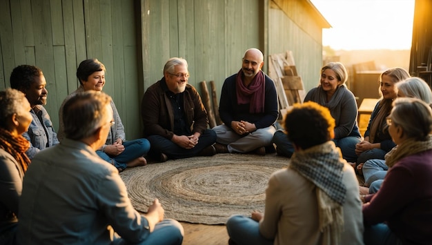 a group of men sit around a circle with one of them wearing a scarf