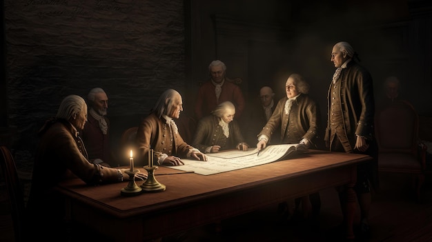 A group of men sit around a table reading a map.