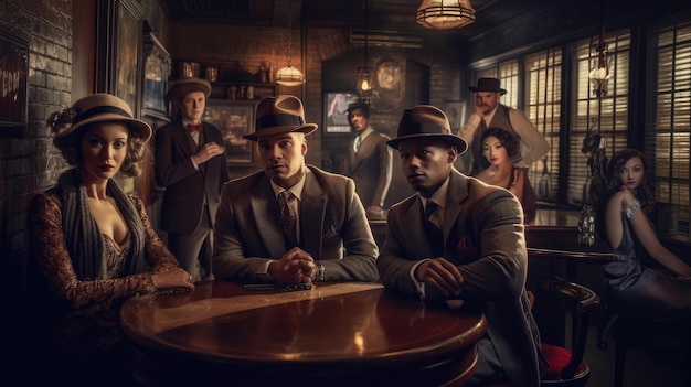 A group of men sit at a bar in a bar with a clock on the wall behind them.