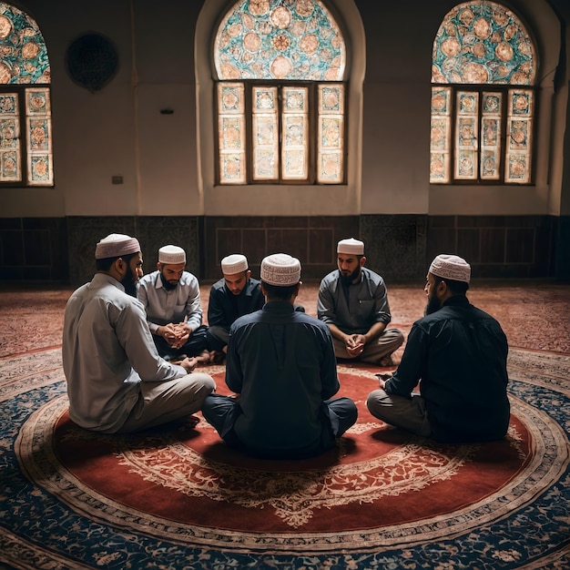 a group of men sit in a circle on a rug with the words hija written on the front