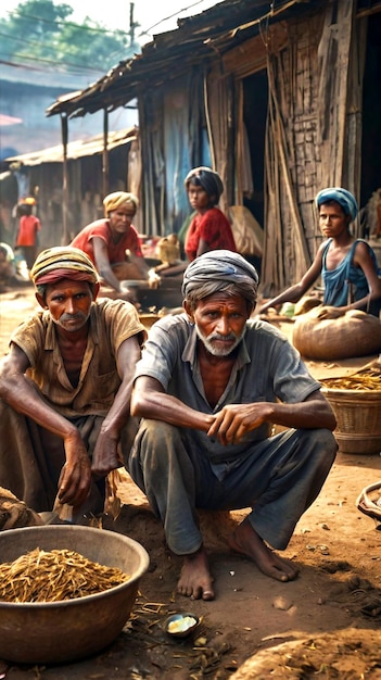 a group of men sit in front of a building with a basket of food Happy day labor