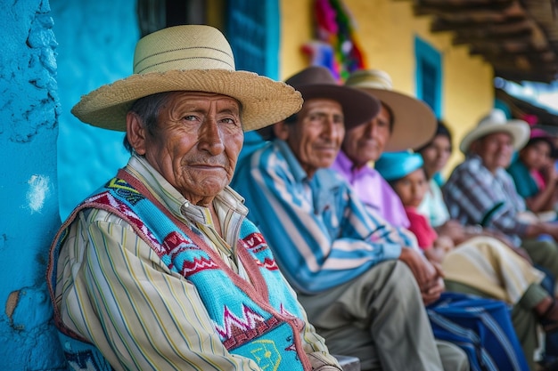 a group of men sit in a row one wearing a hat with a blue and pink shirt