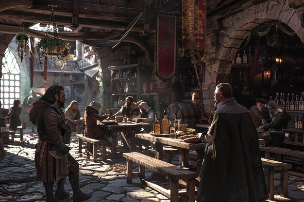 Photo a group of men sit at a table in a restaurant with a banner on the wall behind them