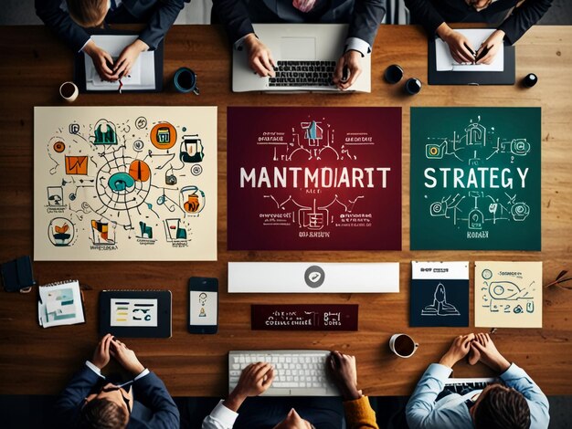 a group of men sitting at a desk with a poster that says quot men are working on it quot