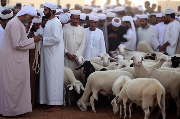 A group of men stand in a field with sheep and one has a black headband on his head.