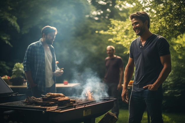 A group of men standing around a bbq grill