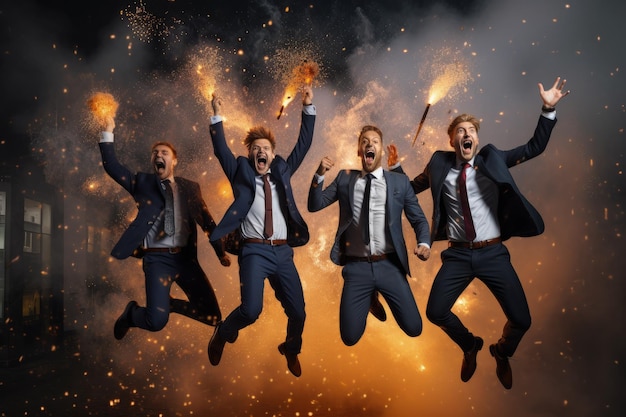 A group of men in suits jumping in the air