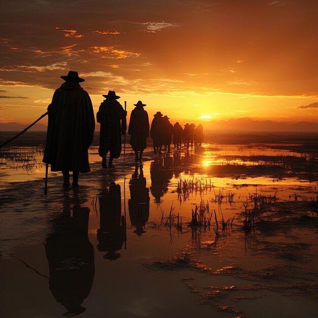 Photo a group of men walk across a frozen lake with a sunset in the background