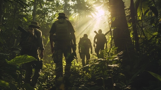 a group of men walking through a forest with sun rays coming through the trees