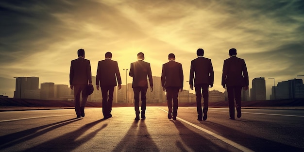 A group of men walking towards the camera with the sun behind them.