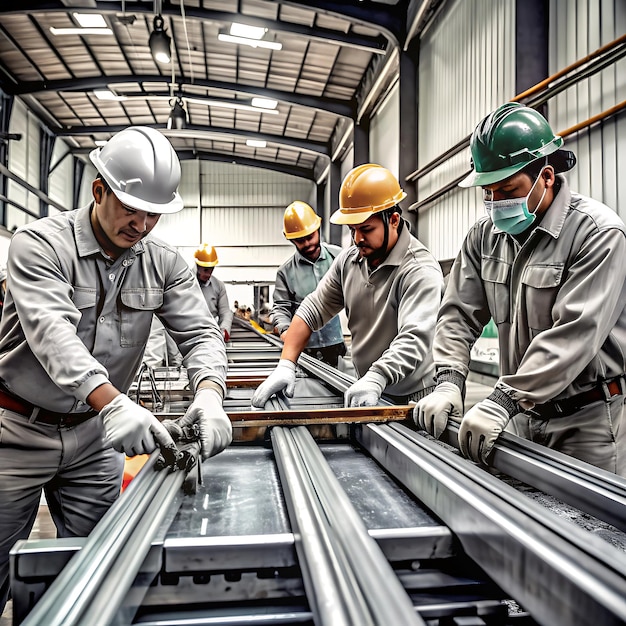 a group of men wearing hard hats are working on metal equipment