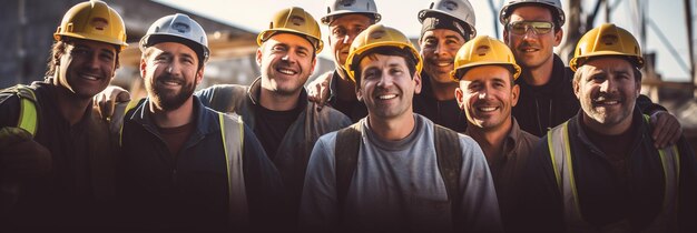 a group of men wearing hard hats, one wearing a yellow hard hat, and one wearing a yellow hard hat.