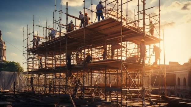 A group of men wearing hard hats stand atop a towering building under construction overseeing the bu