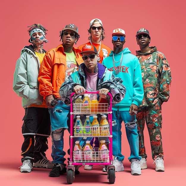 a group of men wearing jackets and hats stand in front of a pink background