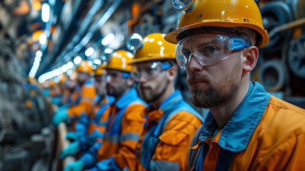 a group of men wearing orange hard hats and orange vests are sitting in a row