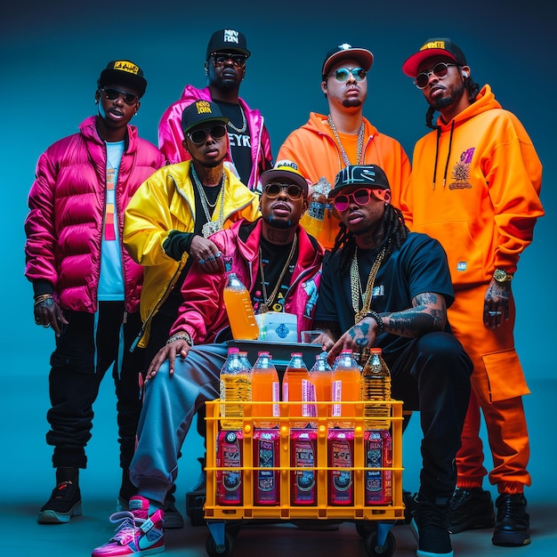 a group of men wearing orange jackets and one has a red and yellow jacket on