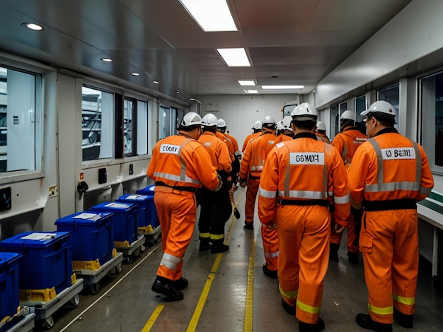 a group of men wearing orange uniforms are walking down a train