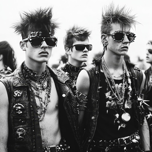 a group of men wearing sunglasses and a vest with the word peace on it