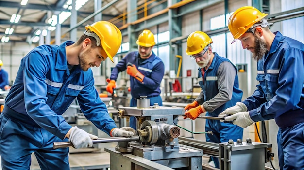 a group of men wearing yellow hard hats and wearing yellow helmets