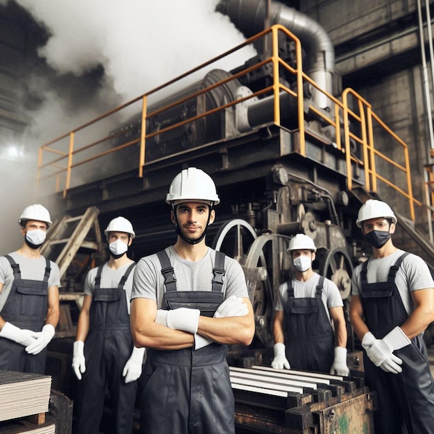 Photo a group of men in white masks stand in front of a metal structure