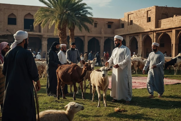 a group of men with goats and camels in a courtyard