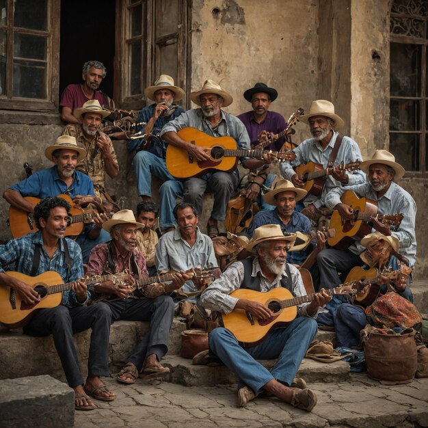 a group of men with hats and hats are sitting on steps and one of them has a guitar