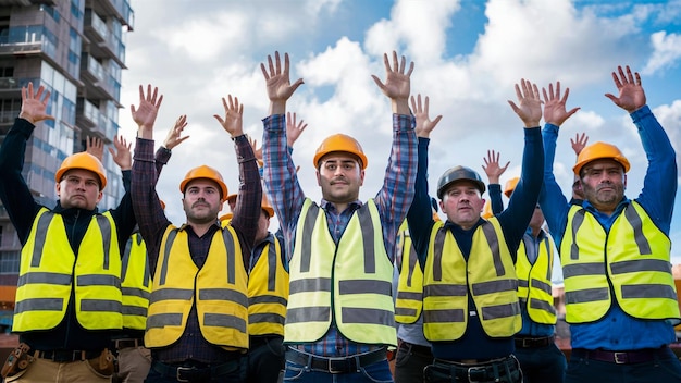 a group of men with yellow vests and vests with the word quot on them quot