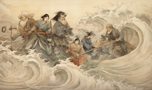 Group of men and women fighting against the flood and waves in medieval Japan Generative AI