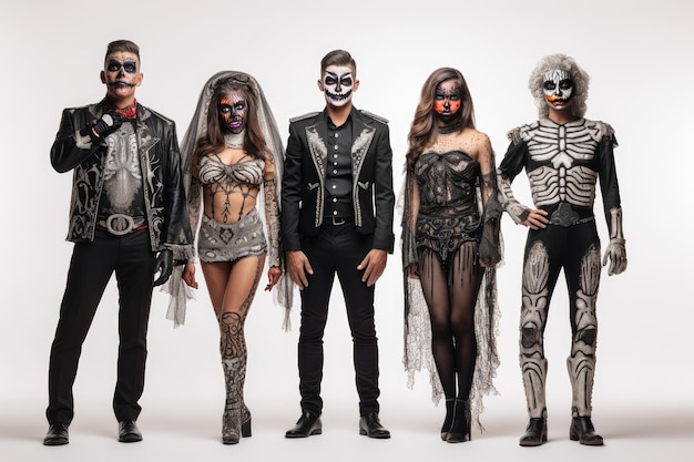 Group of men and women in Halloween costumes posing on white background