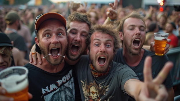 Photo group men and women holding beer and happy taking selfie