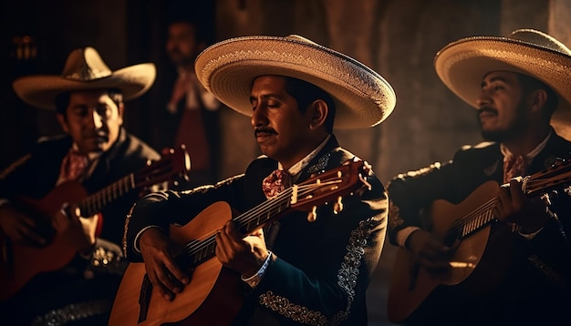 Group of men and women playing guitar singing and smiling generated by artificial intelligence