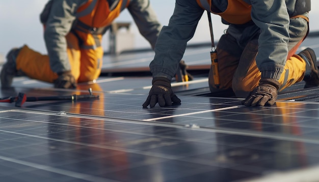 Photo a group of men working on solar panels