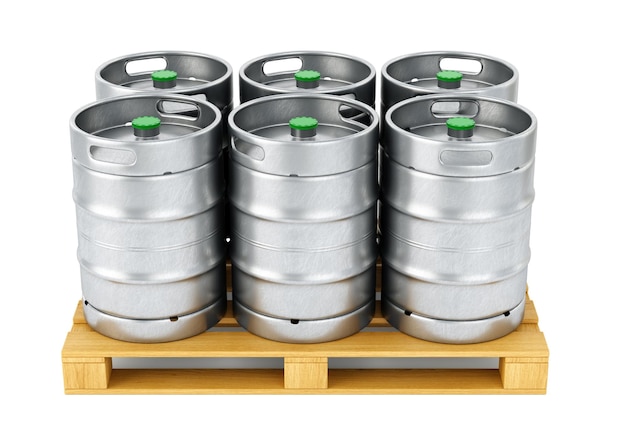 Group of metal beer kegs stacked on pallet