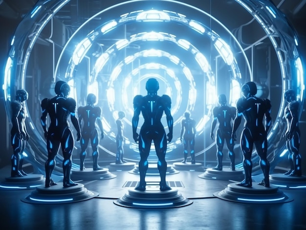 A group of metal figures stand in a tunnel with a blue light that says'robot '