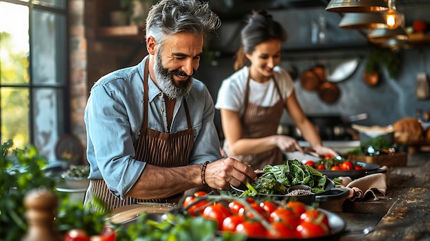 Group of middleaged friends having fun and experimenting with new recipes in a stylish modern