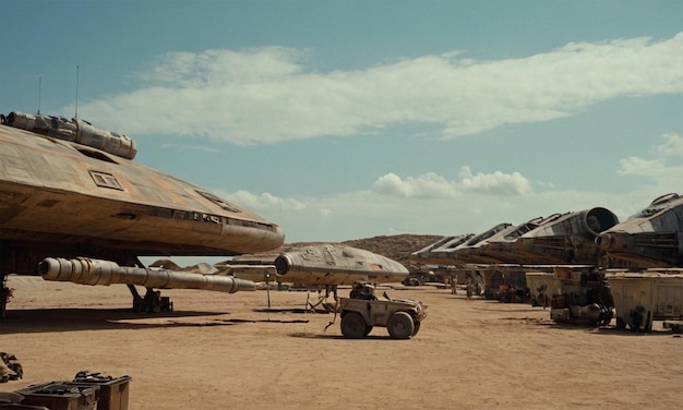 a group of military planes are parked in a desert