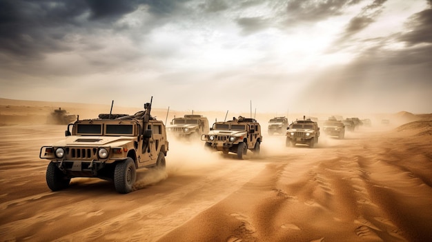 A group of military vehicles are driving in the desert.