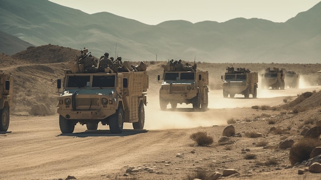 A group of military vehicles driving down a dirt road.