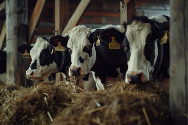 Group of milk cows in collars standing in livestock stall and eating hay at dairy farm