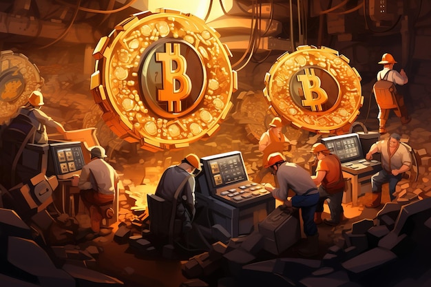 Group of miners with the bitcoin symbol Cryptocurrency blockchain connection Technology and financial investment Halving 2024