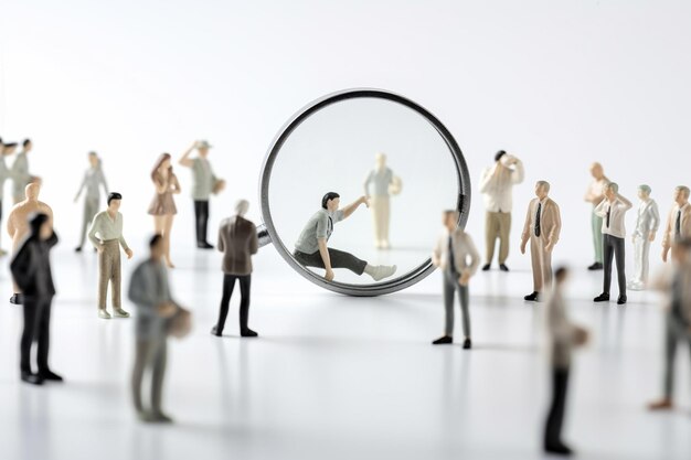 A group of miniature figurines with a man sitting in front of a magnifying glass.