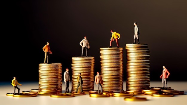 Group of miniature people standing on top of pile of gold coins