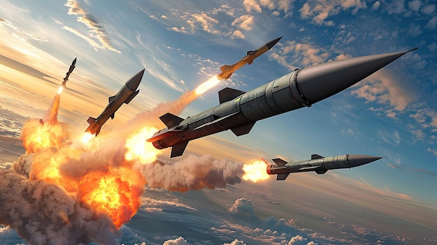 a group of missiles gracefully ascend into the sky piercing through clouds in the background