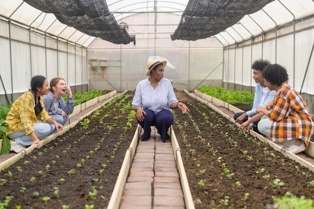 Group of mixed race students and teacher learning agriculture technology in smart farming