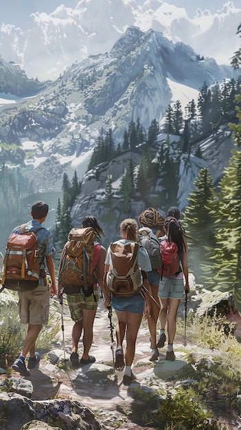 A Group of MixedGender Friends Hiking a Mountain