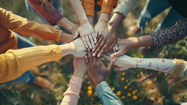 Photo group of mixedrace people joining hands together in a circle supporting each other symbolizing